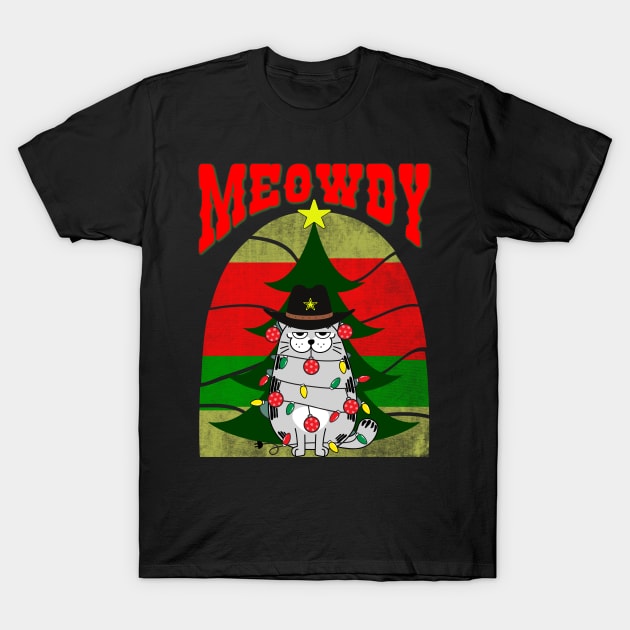 Meowdy, Festive cat with Christmas lights and ornaments T-Shirt by Blended Designs